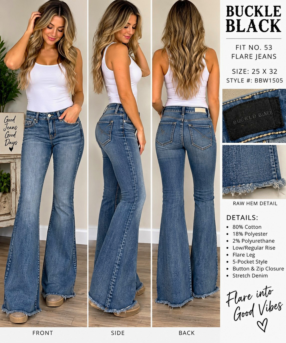 Buckle Black Fit No 53 Womens Flare Jeans 25x32 Blue Stretch Raw Hem BBW1505